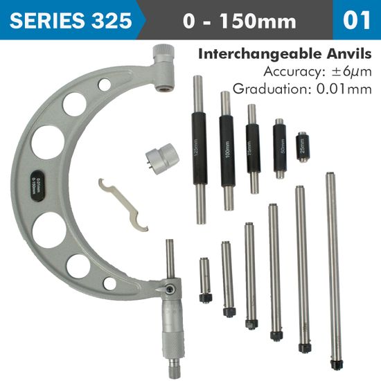 Outside Micrometer 150mm 0.004mm Acc. 0.01mm Grad. With Interch. Anvil