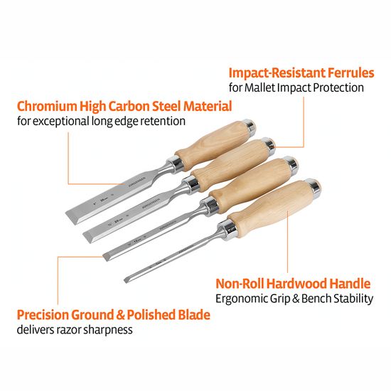 Jorgensen 4pc Wood Chisels Set Incl. 1/4'/ 1/2&rdquo; / 3/4' / 1&rdquo; Chisel