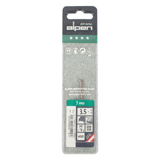 ALPEN Pro Hss 3.5mm Drill Din 338 Rn 135 Split Point Plastic Wallet (
