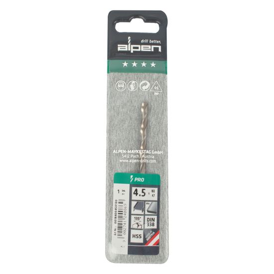 ALPEN Pro Hss 4.5mm Drill Din 338 Rn 135 Split Point Plastic Wallet (
