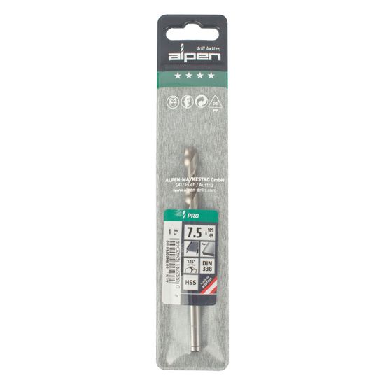 ALPEN Pro Hss 7.5mm Drill Din 338 Rn 135 Split Point Plastic Wallet
