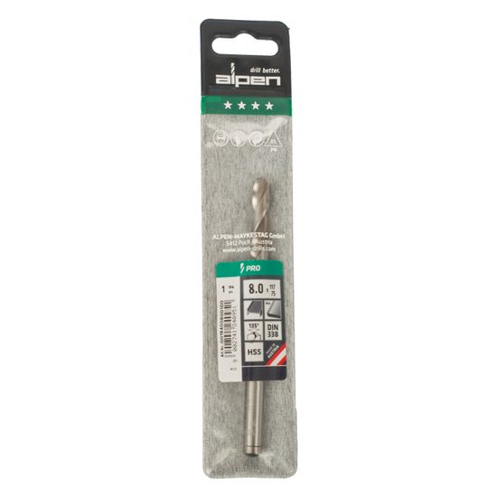 ALPEN Pro Hss 8mm Drill Din 338 Rn 135 Split Point Plastic Wallet