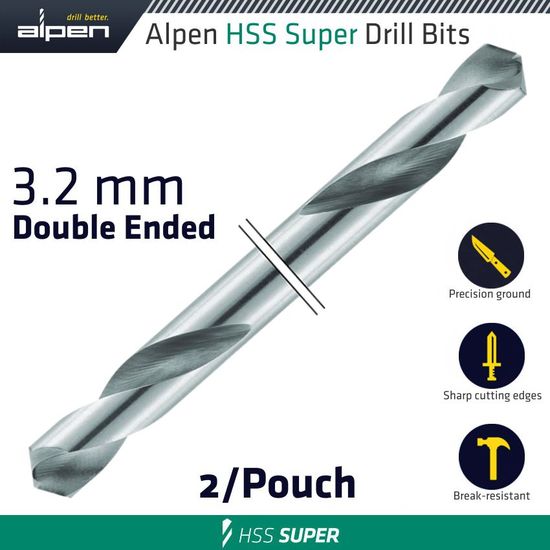 Hss Super Drill Bit Double Ended 3.2mm 2/pouch