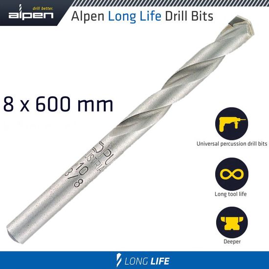Masonry Drill Bit Long Life 8 X 600mm Pouch