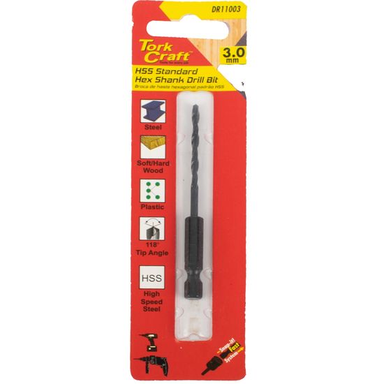 Drill Bit Hss Standard 3.0mm Hex Shank 1/card