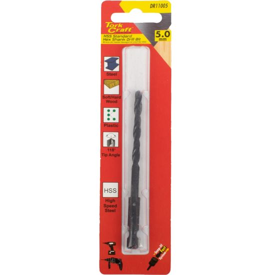 Drill Bit Hss Standard 5.0mm Hex Shank 1/card
