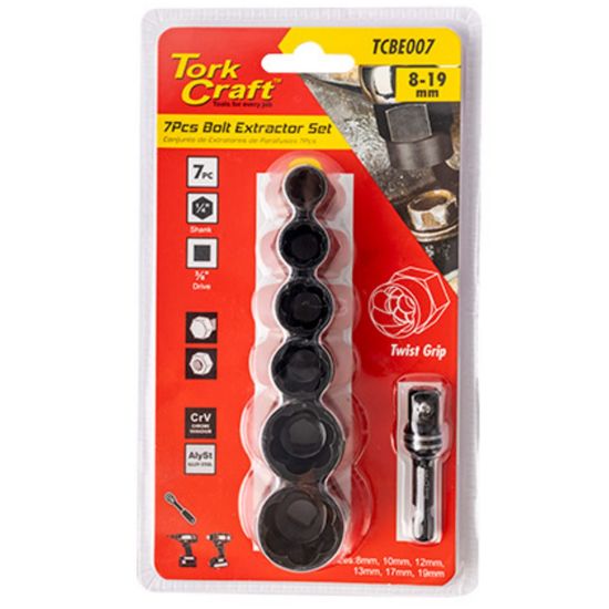 Bolt Extract Set 7pce 8/10/12/13/17/19mm 1pc 50mm 1/4' Socket Adaptor