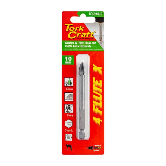Glass & Tile Drill 10mm 4 Flute With Hex Shank