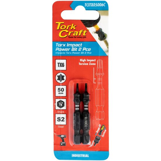Torx Tx 6 Impact Power Bit 50mm 2pc Carded